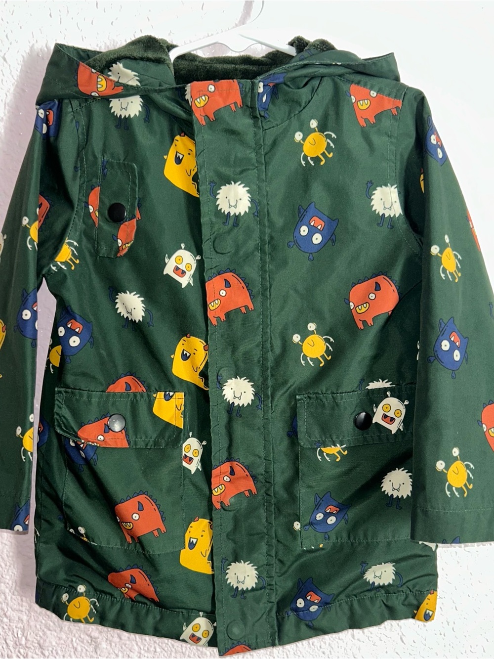 dip Green Hooded Kids Raincoat with Colorful Monster Print